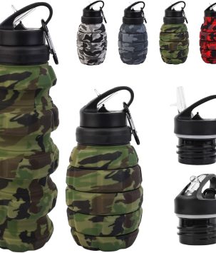 Collapsible Travel Water Bottle18oz, Reuseable Silicone Foldable Water Bottles for Gym Camping Hiking, Portable Leak Proof Sports Water Bottle with rugby Carabiner (Green)